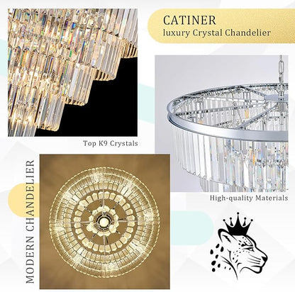 CATINER Large Crystal Chandeliers Modern Chrome 30” Chandelier for Foyer Staircase Luxury 5 Tiers 16 Lights K9 Ceiling Pendant Lighting Fixture for Living Room Dining Room Bedroom