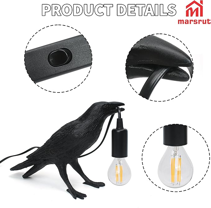Crow Lamp Holding Light Bulb, Raven Bird Halloween Table Lamp Home Decor, Dark Academia Gothic Styling, Victorian Lifelike Novelty Animal, for Bedside Bedroom Living Room Desk Floor, 11.6 x 6.9 inches