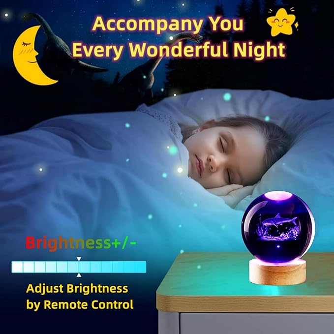 Shark Crystal Ball Night Light, 3.15 Inch K9 Crystal Ball with Wooden Base, 16 Colors, Remote Control, Art Deco Decor