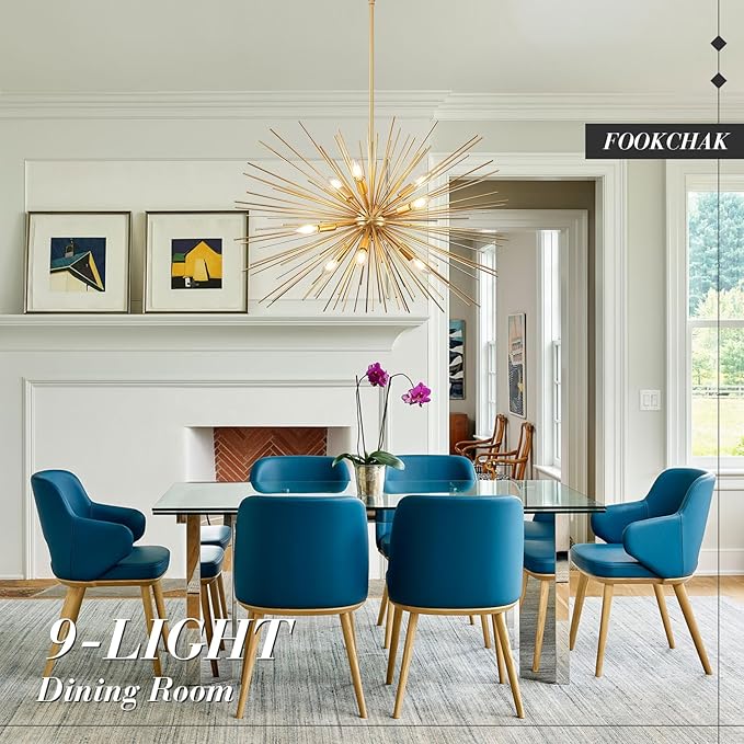 32in Gold Sputnik Chandelier Solid Metal Starburst Chandelier Light Fixture 9-Light Mid-Century Modern Satellite Light Fixture for Living Room Dining Room Foyer Study Room Bathroom,E12
