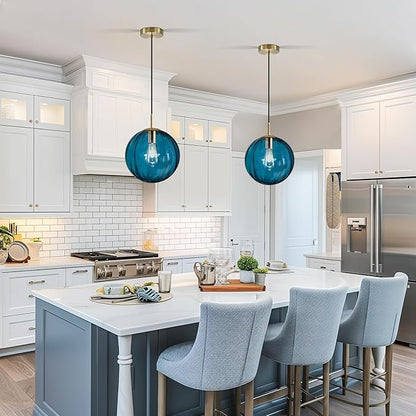 Modern Blue Glass Pendant Light, Kitchen Island Lighting 2-Pack Globe Pendant Light Fixtures Century Kitchen Island Pendant Lighting for Bedroom Living Dining Room Light Fixture (Without Bulb)