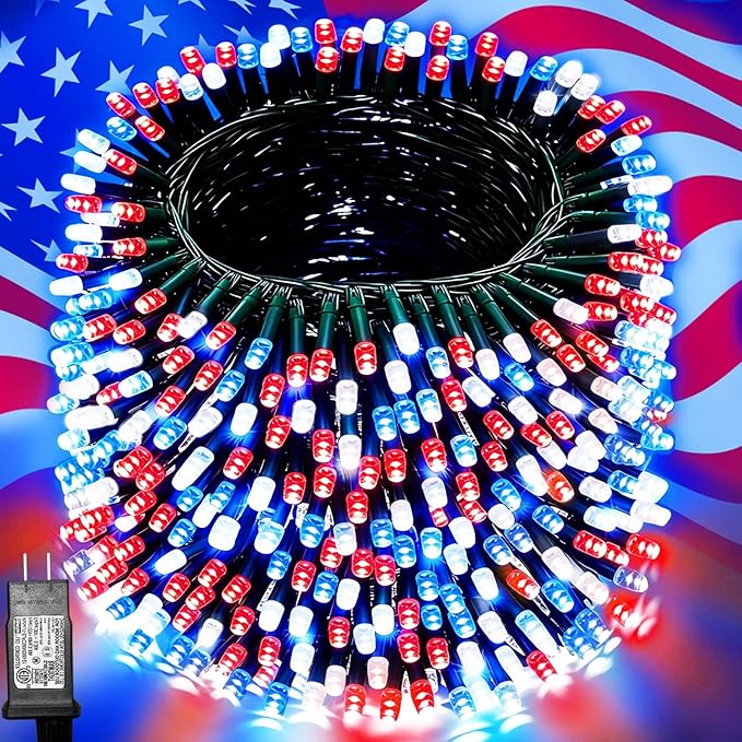 Pooqla 500 LED 164 FT Red White and Blue Lights, 4th of July Patriotic Decoration Twinkle Lights, 8 Modes Plug in 4th of July String Lights for Indoor Outdoor Independence Day Decorations, Green Wire