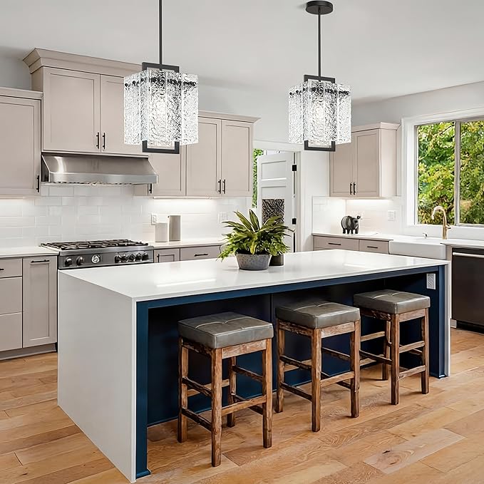 Modern Black Pendant Lights Kitchen Island, Pendant Light Fixtures with Water Ripple Glass, Elegant Adjustable Pendant Lighting, Island Lights for Kitchen, Dining Room, L7.3 x W11.6
