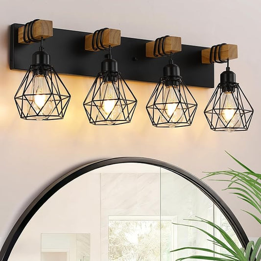 4 Light Farmhouse Vanity Light for Bathroom, Wood Bathroom Vanity Light Fixtures Over Mirror, Rustic Sconces Wall Lighting with Metal Lampshade for Living Room, Bedroom, Hallway
