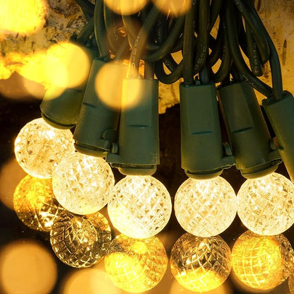 BOHON Christmas Lights Outdoor Faceted G15 50 LED 17ft Plug in Mini Globe String Lights Waterproof Extendable Green Wire for Indoor Patio Xmas Thanksgiving Tree Decoration Warm White