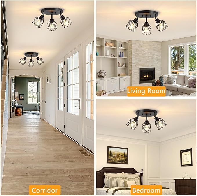 Baocuz 3-Light Kitchen Flush Mount Ceiling Light, Adjustable Multi-Directional Ceiling Light Fixture, Farmhouse Black Metal Cage Close to Ceiling Lamp for Dining Room Bedroom Hallway