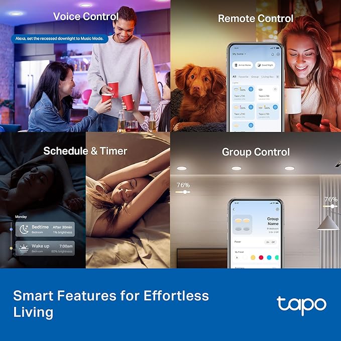 Tapo Smart 6-Inch Recessed Downlight Kit (4-Pack) - 1100 lm, 16M Colors, Tunable White 2700K-6500K, Ultra-Dim 1%, Matter-Compatible, Wi-Fi & Bluetooth Mesh - L730-6 KIT
