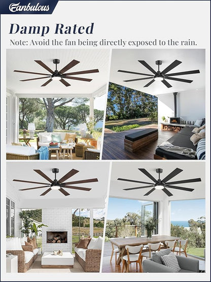 Fanbulous 72 Inch Ceiling Fans with Lights and Remote, Dual-Sided Reversible Blades for Versatile Décor, Quiet DC Motor, Wide-Angle Customized Brightness & 3CCT, Damp Rated for Indoor/Outdoor Use