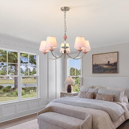 Pink Chandelier for Bedroom Light Fixture，Brushed Nickel Art Deco Chandelier with Fabric Shade,Antique Modern Chandeliers paired with Ceramic for Girls Bedroom，Living Room，Dining Room