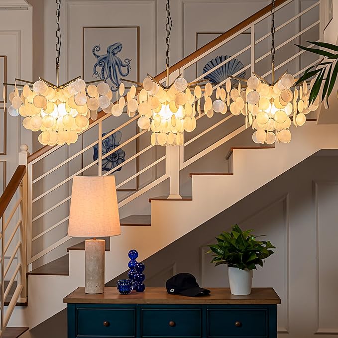 ALOADECOR 4-Light 22" Cone Shape 4-Tier Coastal Capiz Shells Chandelier with Antique Gold Metal Farmhouse Natural Seashell for Dining Room Living Room