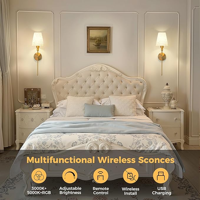 DORESshop Battery Operated Wall Sconce Set of 2, 7 Color Wireless Wall Light Easy to Install, Sconce Wall Decor Set of 2 for Bedroom, Living Room, Fabric Linen Shade, Gold, 24.6in