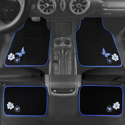 CAR PASS Universal Fit Embroidery Butterfly and Flower Car Floor Mats, Blue Car Floor Mats Fit 95% Automotive,SUVS,Sedan,Vans,for Women,Girly,Set of 4 (Black with Blue)