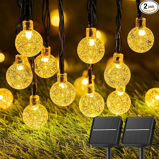 Brightown Solar String Lights Outdoor Waterproof, 2 Pack 60 LED 36.5 FT Each, Solar Powered Patio Lights with 8 Lighting Modes for Garden Yard Porch Wedding Party Decor (Warm White)