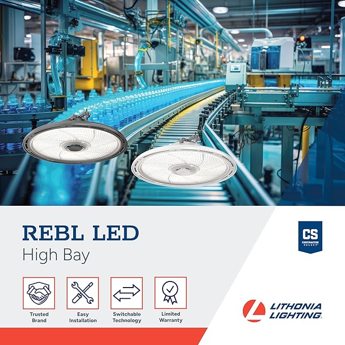 Lithonia Lighting REBL Round High Bay LED Light, 12,000/15,000/18,000 Adjustable Lumen Output, 3500K/4000K/5000K Switchable White Color Temperature, Work Light, XVOLT 277-480V, 12.2" x 7.5", White