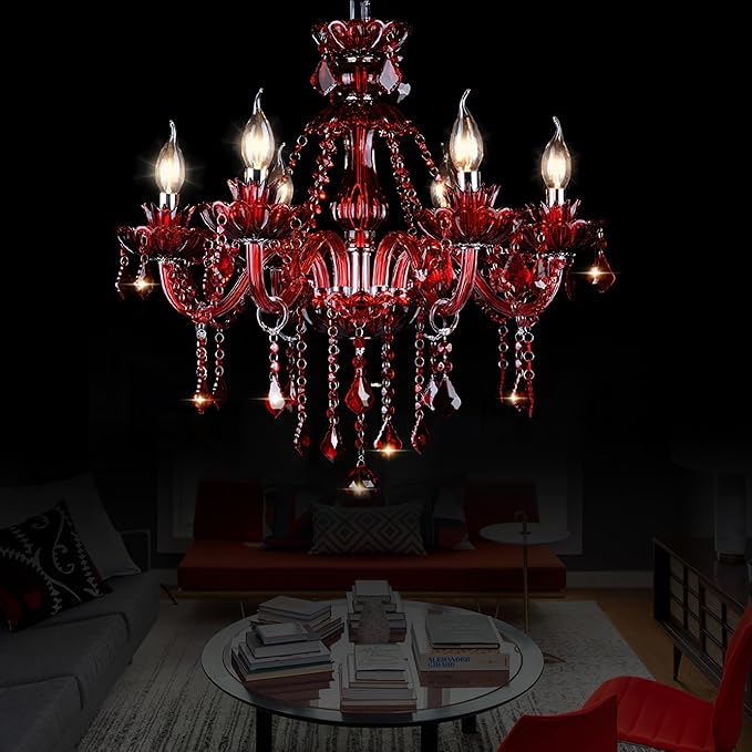 Bagood Red 6 Lights K9 Crystal Candle Chandeliers Lighting Modern Pendant Lights Crystal Modern Chandelier Candle Chandelier Lighting for Living Room Bedroom Hallway Entry E12 Base, H22 x W23.6 Inch
