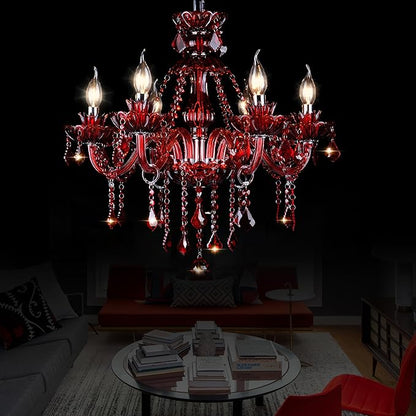Bagood Red 6 Lights K9 Crystal Candle Chandeliers Lighting Modern Pendant Lights Crystal Modern Chandelier Candle Chandelier Lighting for Living Room Bedroom Hallway Entry E12 Base, H22 x W23.6 Inch