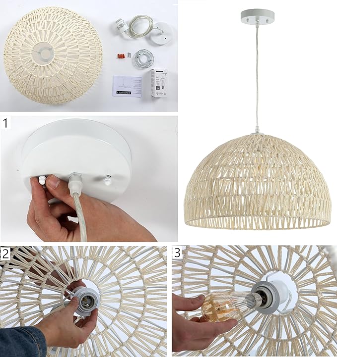 JONATHAN Y 20" Black Modern Bohemian Woven Rope LED Pendant Light Fixture, Adjustable Dome Ceiling Lamp for Kitchen Island, Rope Shade, Coastal Farmhouse Decor (JYL6504C)