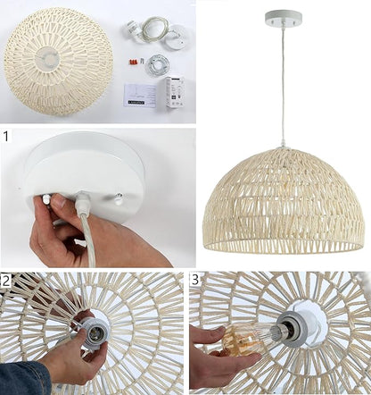 JONATHAN Y 8.25" Black Modern Bohemian Woven Rope LED Pendant Light Fixture, Adjustable Dome Ceiling Lamp for Kitchen Island, Rope Shade, Coastal Farmhouse Decor (JYL6512B)