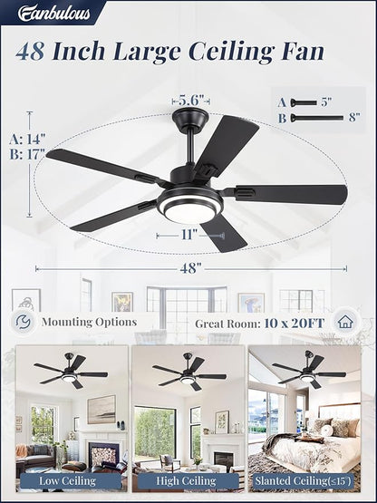 Fanbulous 48 Inch Ceiling Fans with Lights and Remote, Black Ceiling Fan with 8 Dual-Color Blades, Indoor/Outdoor Large Ceiling Fans, Reversible DC Motor, 6-Speed, 3CCT for Living Room Kitchen Patio