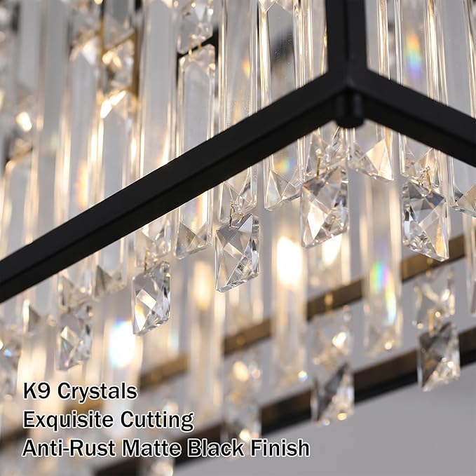 24" Modern Chandeliers for Dining Room,Black Crystal Chandelier, Adjustable Chain Length,5-Light Pendant Light Fixture for Kitchen Island Living Room Entryway Foyer Flat and Inclined Ceiling