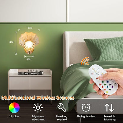 Vintage Battery Operated Wall Sconces with Remote, Amber Rechargeable Wireless Wall Sconces with Magnetic LED Bulbs, Indoor Shell Shaped Wall Lights for Living Room, Bedroom, Doorway, Set of 2
