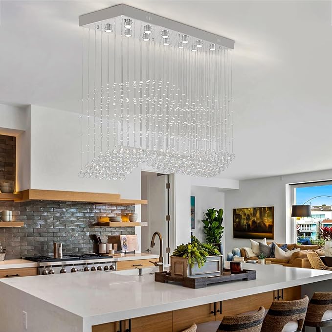 Finktonglan 47.2" Rectangular Crystal Chandelier for Kitchen Island, 10-Light Linear Island Pendant Light, GU10 Base (Bulbs Not Included), Height Adjustable Modern Dining Room Ceiling Light