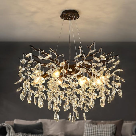 EGM Black 24 Inch Tree Branch Crystal Chandelier, Modern Raindrop Crystal Ceiling Light Fixtures 8-Light(E12), Hanging Round Chandeliers for Dining Room Living Room Bedroom Foyer
