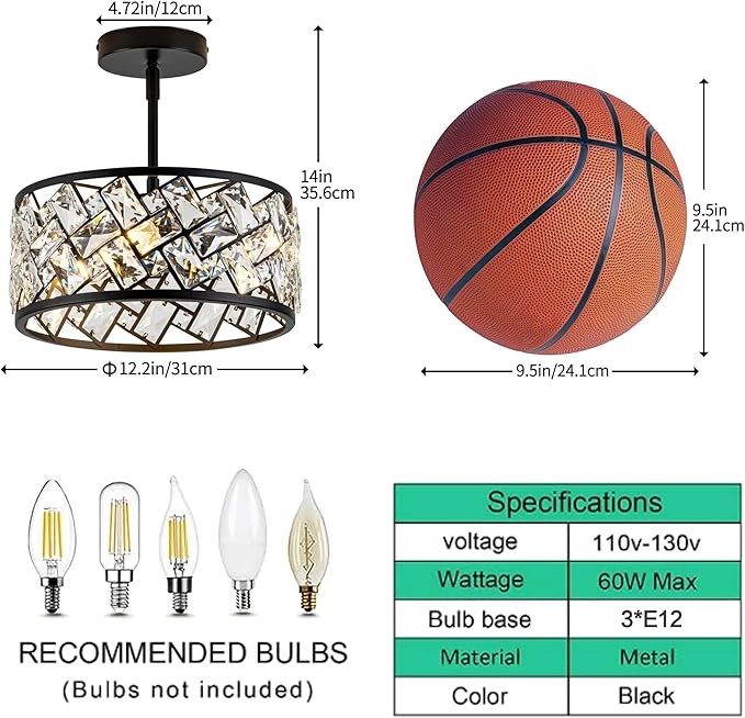 Rpzloila 3-Light Crystal Ceiling Light Fixture, Modern Semi Flush Mount Ceiling Light, Black Crystal Chandelier for Kitchen Bedroom Bathroom Entryway Hallway