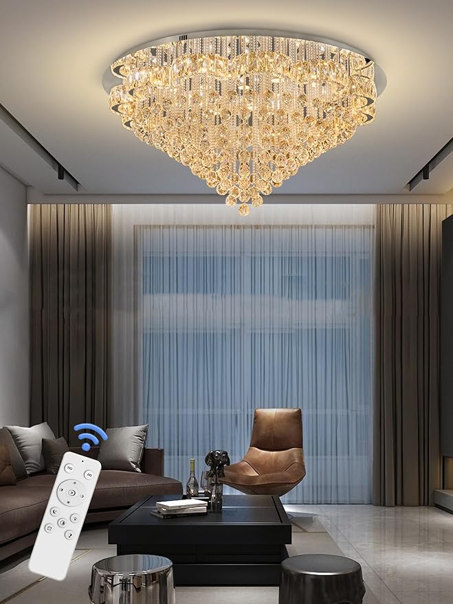 Flashing God 48inches Chrome Crystal Chanderliers for Living Room Entryway Modern Crystal Folwer Ceiling Light for Foyer Interior LED Dimmable Lighting 2700k 4500k 6000k