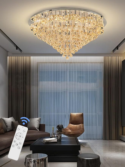 Flashing God 48inches Chrome Crystal Chanderliers for Living Room Entryway Modern Crystal Folwer Ceiling Light for Foyer Interior LED Dimmable Lighting 2700k 4500k 6000k