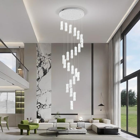 ykolupty H150in Modern Crystal Chandelier LED Dimmable Stairwell Chandelier High Ceiling Pendant Light for Stairs Entryway Living Room