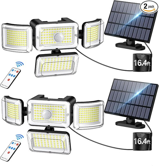 CLAONER Solar Outdoor Lights Motion Sensor 3500LM 288 LED Solar Security Lights with Remote Control IP67 Waterproof 4 Heads Solar Flood Lights with 16.4ft Cable 4 Modes Wall Lights(2 Pack)