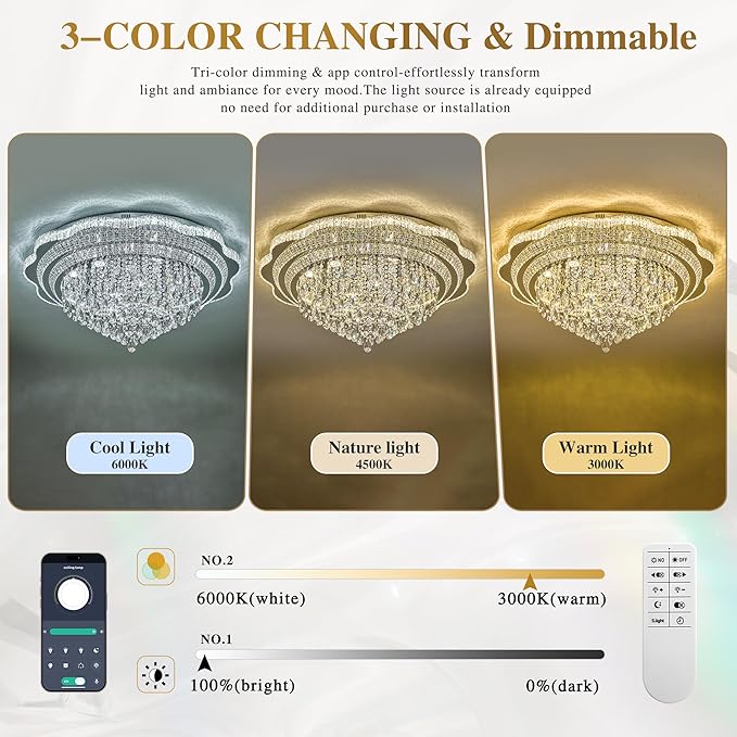 40" Sliver Crystal LED Ceiling Light Fixture with Remote Control,Large Flush Mount Chandelier with 3-Color Dimmable for Living Room Bedroom Dining Room