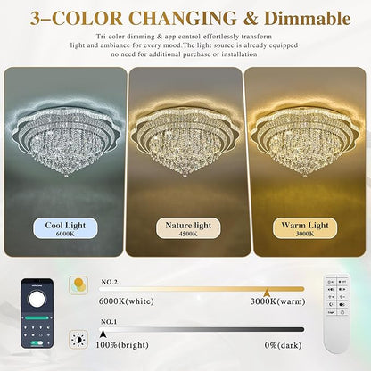 40" Sliver Crystal LED Ceiling Light Fixture with Remote Control,Large Flush Mount Chandelier with 3-Color Dimmable for Living Room Bedroom Dining Room