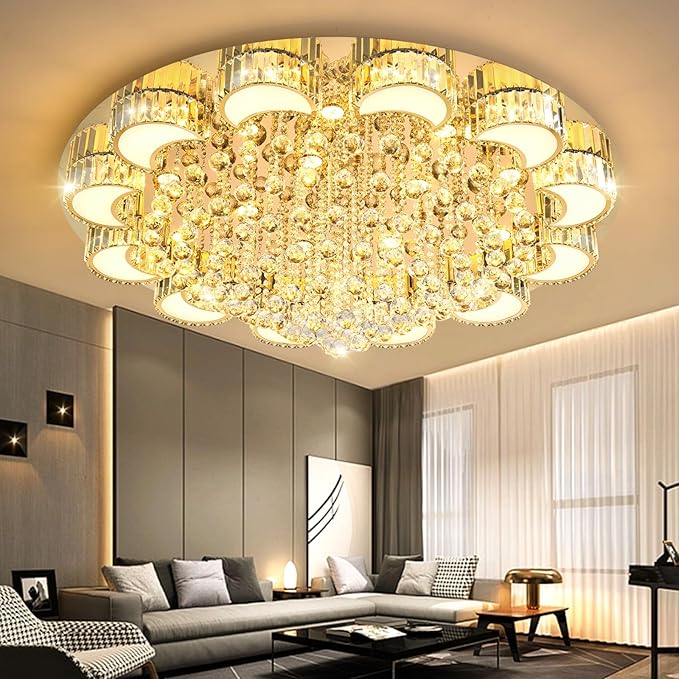 47" Gold Modern Crystal Chandeliers for Dining Room LED Dimmable Light Fixtures Flush Mount Light Living Room Bedrooms