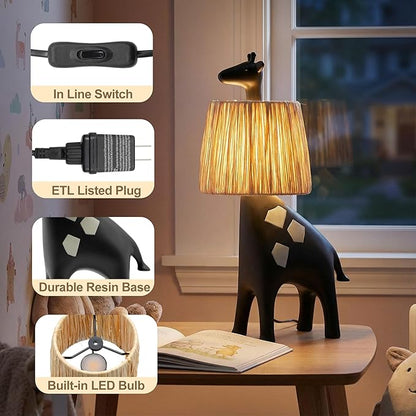 13.7 Inch LED Giraffe Table Lamp, Resin Animal Desk Lamp with Handcrafted Raffia Shade, Unique Decorative Light, Cute Desk Lamps for Nightstand, Bedroom, Playroom, Nursery, Black