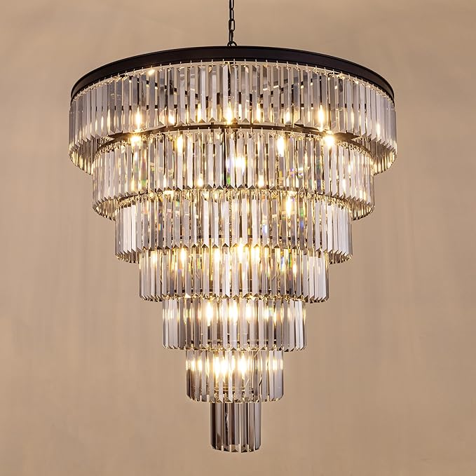 TOCHIC Black Crystal Chandelier for Living Room, 40 Inch 7-Tier Modern K9 Smoke Grey Chandeliers for Dining Room, Round Raindrop Light Hanging for High Ceiling, Staircase, Entryway, Foyer
