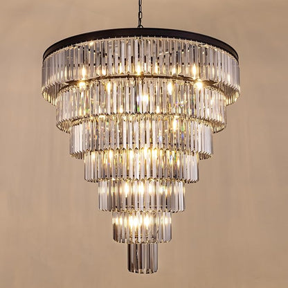 TOCHIC Black Crystal Chandelier for Living Room, 40 Inch 7-Tier Modern K9 Smoke Grey Chandeliers for Dining Room, Round Raindrop Light Hanging for High Ceiling, Staircase, Entryway, Foyer