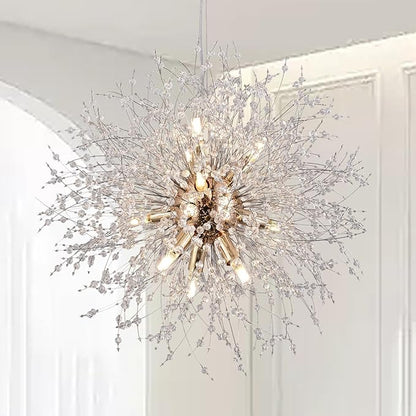 9-Light Gold Crystal Chandeliers, Modern Dandelion Hanging Light, Small Round Lamp, Sputnik Beaded Pendant Lights for Farmhouse Bedroom Dining Room Living Room Kitchen Island (Gold, D19.6inch)