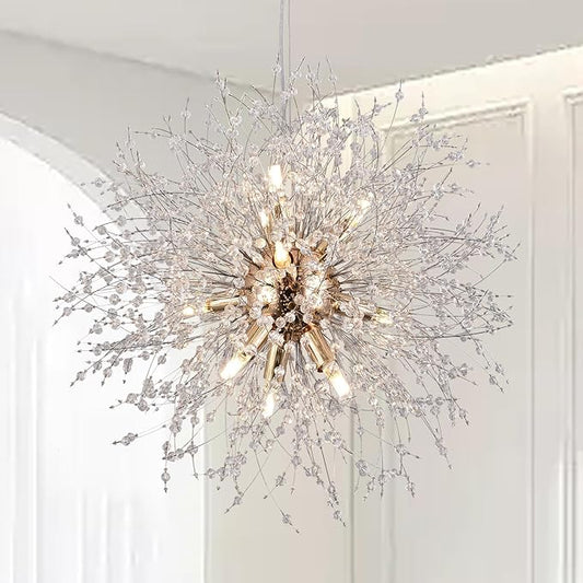 9-Light Gold Crystal Chandeliers, Modern Dandelion Hanging Light, Small Round Lamp, Sputnik Beaded Pendant Lights for Farmhouse Bedroom Dining Room Living Room Kitchen Island (Gold, D19.6inch)