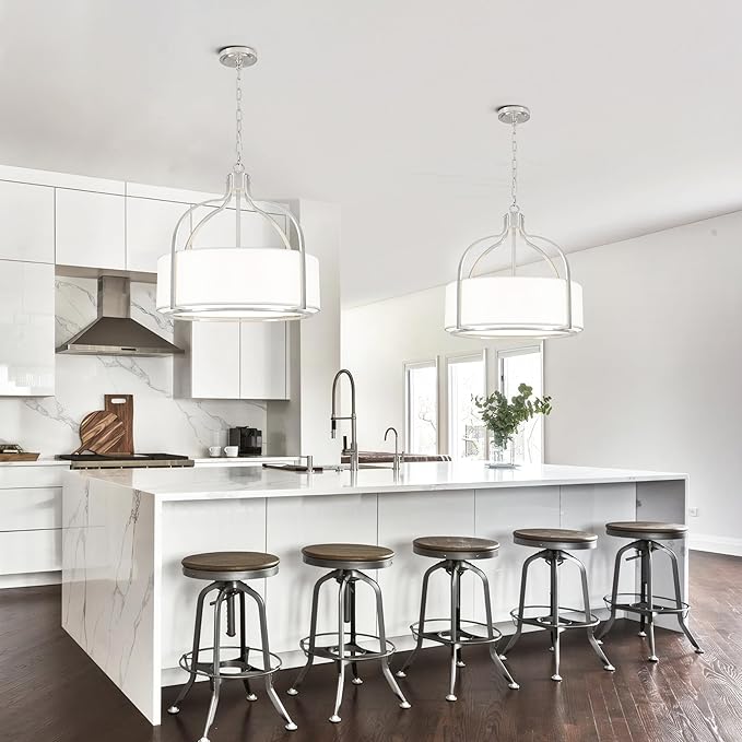 20.5'' Brushed Nickel Drum Chandelier, 5-Light Large Modern Chandeliers for Dining Room Hanging Light Fixture Drum Pendant Light with White Fabric Shade for Kitchen Living Room Foyer Bedroom