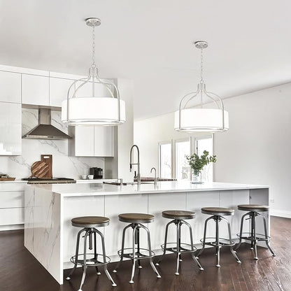 20.5'' Brushed Nickel Drum Chandelier, 5-Light Large Modern Chandeliers for Dining Room Hanging Light Fixture Drum Pendant Light with White Fabric Shade for Kitchen Living Room Foyer Bedroom