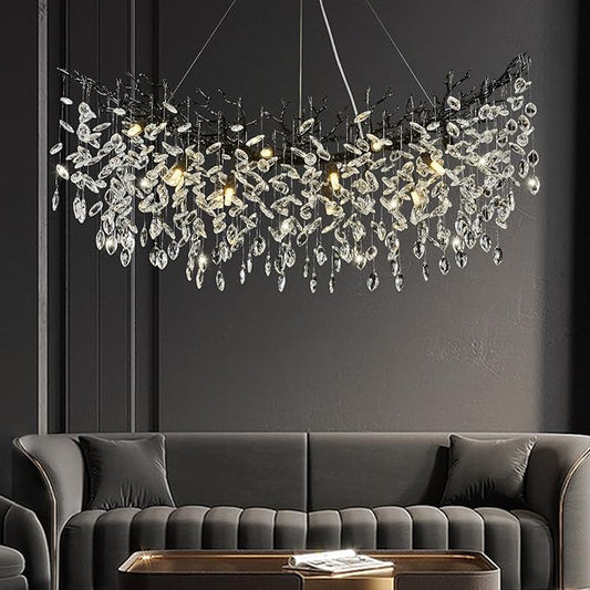 Modern Crystal Black Chandelier, 47" Large Rectangular Tree Branch Chandeliers for Dining Room Over Table,Living Room,High Ceiling,Kitchen Island,Foyer,Staircase, Crystals Ceiling Light Fixtures
