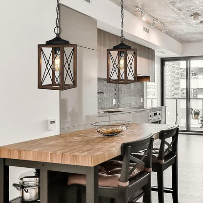EDISHINE Farmhouse Pendant Light, Metal Hanging Light Fixture with Wooden Grain Finish, 63 Inch Adjustable Chain for Flat and Slop Ceiling, Kitchen Island, Bedroom, Dining Hall, E26 Base, 1 Pack
