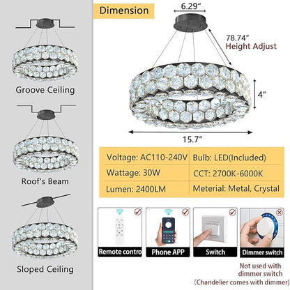 Crystal Chandeliers Modern Rings Pendant Light LED Dimmable Ceiling Light for Bedroom Dinning Room Kitchen Black
