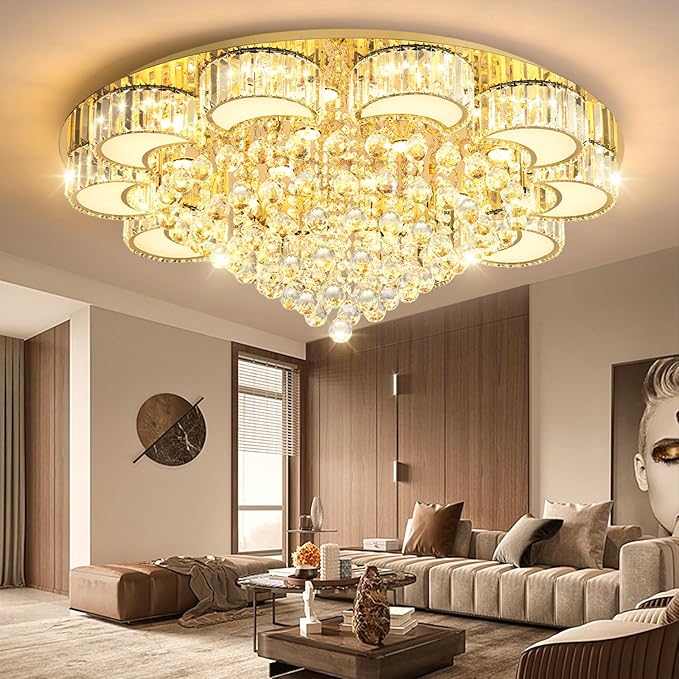 39.4" Gold Modern Crystal Chandeliers for Dining Room LED Dimmable Light Fixtures Flush Mount Light Living Room Bedrooms