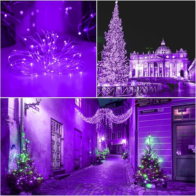 Solar Christmas Halloween String Lights Purple Outdoor Waterproof 2Pack Total 200Led 8 Modes Copper String Lights Fairy Lights for Valentine's Day Garden, Patio, Fence, Balcony, Outdoors