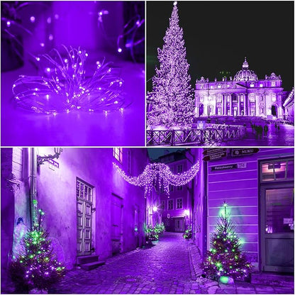 Solar Christmas Halloween String Lights Purple Outdoor Waterproof 2Pack Total 200Led 8 Modes Copper String Lights Fairy Lights for Valentine's Day Garden, Patio, Fence, Balcony, Outdoors