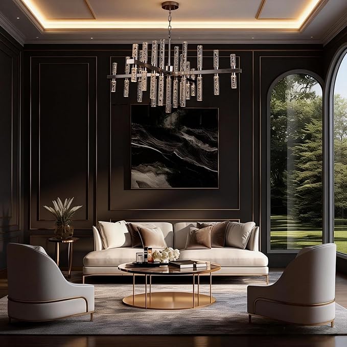 Modern Chandelier Lighting Led Pendant Lights Fixtures with Acrylic Shade Satin Nickel Island Chandeliers 33-Lihgts Contemporary Ceiling Dining Room Living Dimmable Warm White D31.5