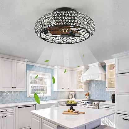 Caged Crystal Ceiling Fans with Lights and Remote,18.8" Flush Mount Low Profile Ceiling Fan with Light,6 Speed Enclosed Ceiling Fan with Reversible Motor for Bedroom Kitchen Living Room